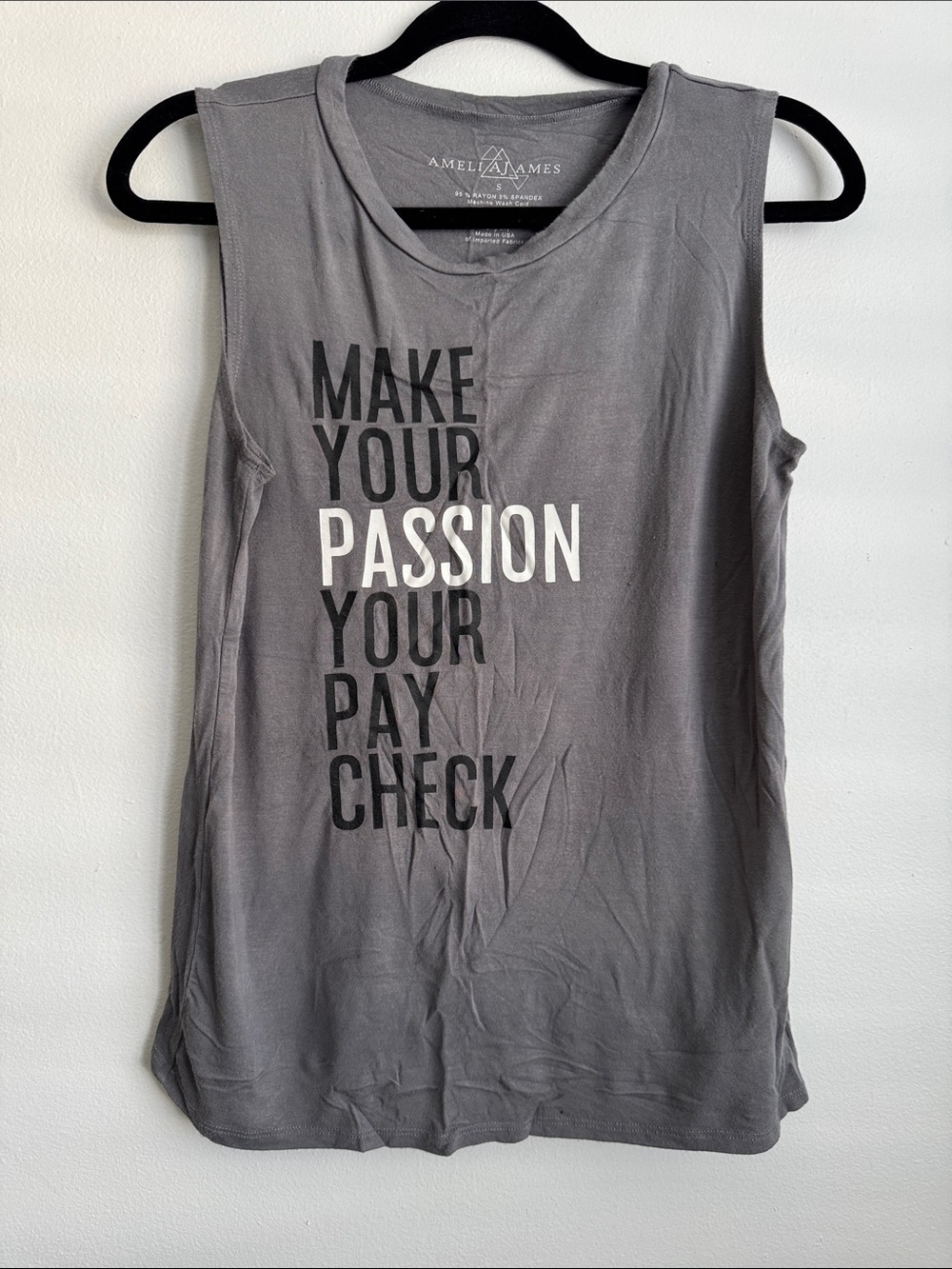 Amelia James Gray Graphic Muscle Tank with Black & White Text